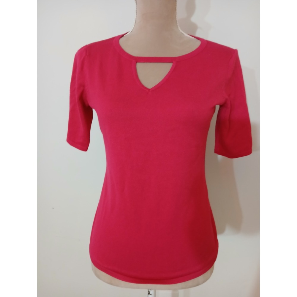 Carmen Marc Valvo Womens Pink Short Sleeve Cutout V-Neck Knit Sweater Top Small